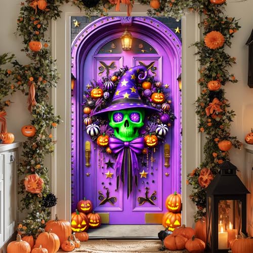 Halloween Entryway Banner Skull Witch Hat 35x71 Inch Polyester