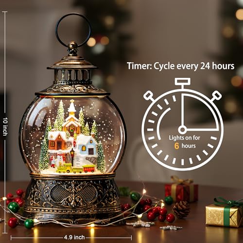 Christmas Snow Globe Water Lantern with Mountain Village and Train Scene Battery Operated or USB Powered Musical Lighted Holiday Decoration for Tabletop Display for Family and Friend