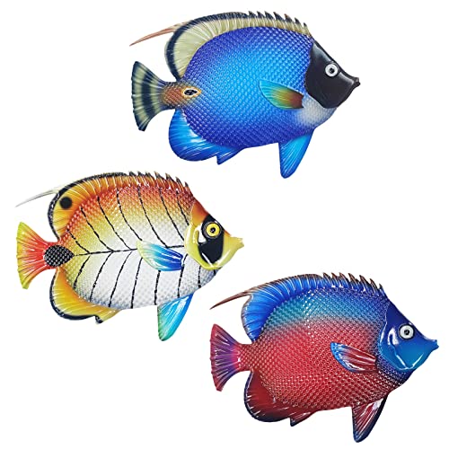 Metal Fish Sea Wall Decor Outdoor Garden Hanging Art Sculptures Home Ocean Theme Decorations for Kitchen Bathroom and Pool (3 Count)