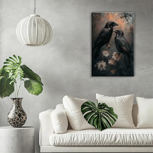 Birds Canvas Wall Art Black Couple Crow Picture Print Vintage Gothic Raven Artwork for Living Room Halloween Home Wall Decor