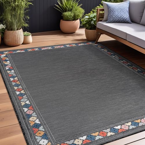 Outdoor Rug 4x6 Modern Bordered Area Rugs for Indoor and Outdoor Patio Easy to Clean Non Shedding Living Room Porch Garden Washable Outside Carpet