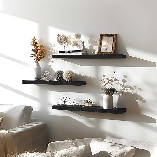 24 Inch Floating Shelves for Wall Rustic Black Wood Wall Shelves for Bedroom Set of 4 (4 Count)