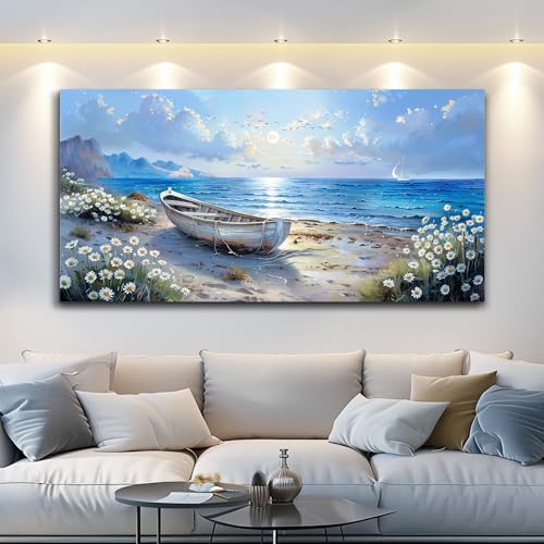 Large Canvas Wall Art For Living Room Wall Decor For Bedroom Office White Flower Seaside Landscape Printing Painting Restaurant Home Decorations Mural Poster Artwork Ready To Hang 30"X60"