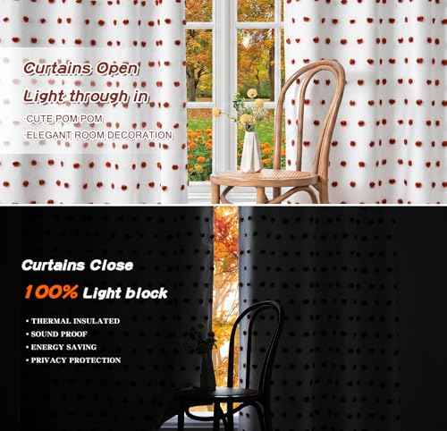 Boho Blackout Curtains for Bedroom with Brick Red Pom Pom Sheer 90 Inch Long 100% Room Darkening Thermal Insulated Curtain for Kids Nursery Living Room Grommet 50" x 90"
