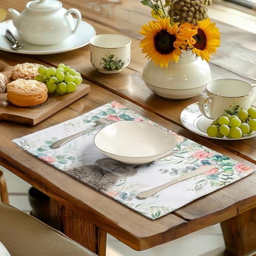 Easter Bunny Placemats Set of 4 Eucalyptus Leaves Rabbit Rose Place Mats 12x18 Inch Spring Seasonal Vintage Farmhouse Heat Resistant Washable Table Mats for Party Kitchen Dining (4 Count)
