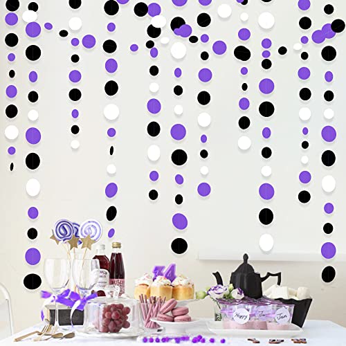 46Ft Purple Black Circle Dots Garlands Black Purple and White Polka Dot Hanging Paper Streamer Banners for Birthday Graduation Wedding Bridal Shower Halloween Party Decorations Supplies