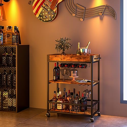 Bar Cart Serving Wine 3 Tier Home Rolling Rack with Wheels Mobile Kitchen Industrial Vintage Style Wood Metal Serving Trolley Serving Cart