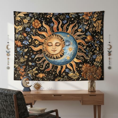 Sun and Moon Tapestry for Bedroom Boho Vintage Floral Hippie Wall Tapestry Aesthetic Retro Flower Plant Large Tapestries Wall Hanging for Living Room Dorm Decor 90 x 68 Inch