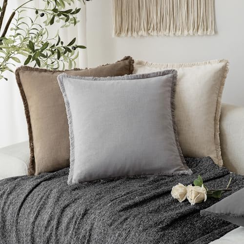 Decorative Linen Fringe Throw Pillow Covers 26×26 Light Gray (2 Count)