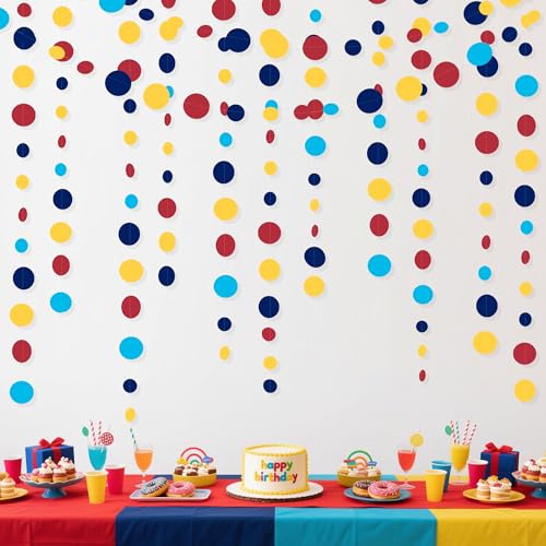 Red Blue Yellow Party Decorations Circle Dots Garland Hanging Paper Polka Dot Streamer for Carnival Circus Clown Fiesta Festivals Birthday Wedding Bridal Shower Wedding Shower Party Supplies