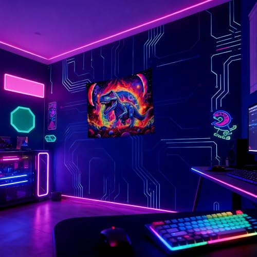 Blacklight Dinosaur Tapestry Wall Hanging Black Light Tapestries Uv Glow in the Dark Dino Poster for Teen Boys Room Bedroom 31.5" L x 39.4" W