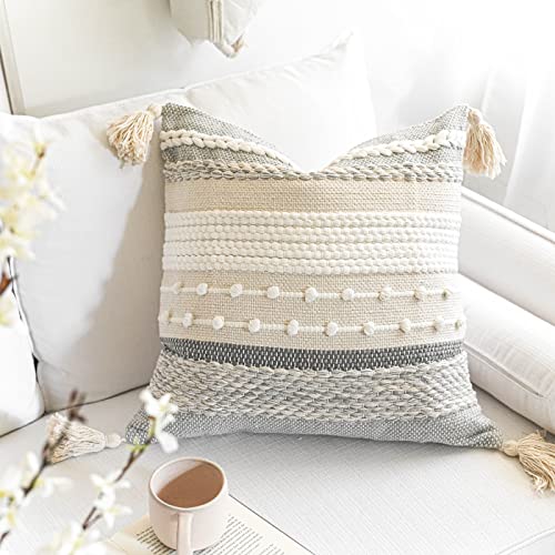 Gray Boho Throw Pillow Cover 18x18 Grey Decorative Accent Pillow for Couch Square Woven Textured Pillowcase Modern Farmhouse Pillow for Bed Bohemian Pillow Cover