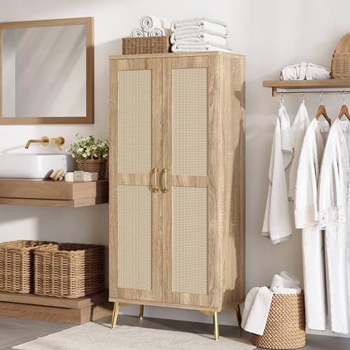 Tall Bathroom Storage Cabinet 57" Rattan Pantry Cabinet