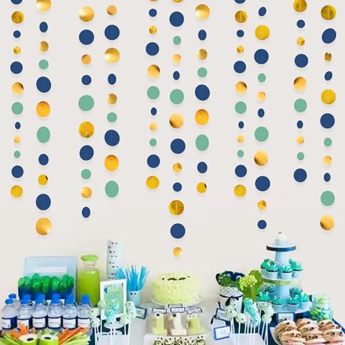 Blue Gold Green Decorations Circle Dots Garland Metallic Gold Navy Blue with Sage Green Hanging Polka Dot Streamer for Birthday Bridal Shower Wedding Bachelorette Engagement Party Supplies