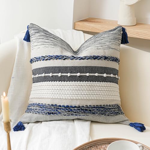 Navy Dark Blue Decorative Throw Pillow Cover 18x18 Square Boho Accent Pillowcase Tassels Farmhouse Cushion for Couch Sofa Bedroom Living Room Home Décor Cover ONLY