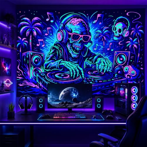 Blacklight Tapestry DJ Skull Party Backdrop 78 x 59 Inch