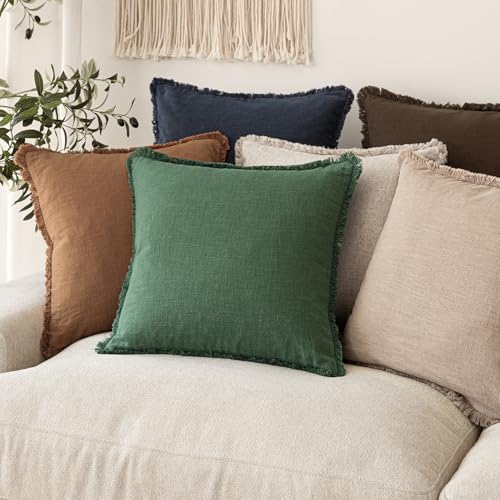 Decorative Linen Fringe Throw Pillow Covers 18×18 Pine Green (2 Count)