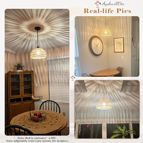 2 Pack Hemp Rope Woven Pendant Light Woven Light Fixture Boho Chandelier Light Fixture Wicker Pendant Lights Rattan Dome Wicker Chandelier for Dining Room Kitchen Island