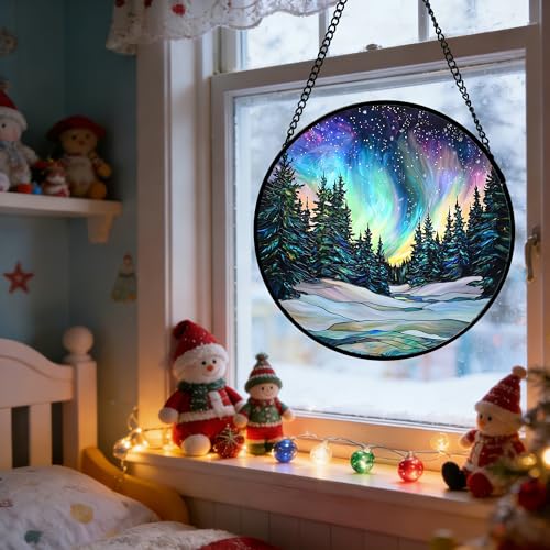 Aurora Landscape Stained Glass Window Hanging Suncatcher Xmas Gifts 15"