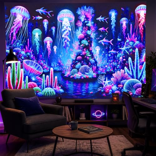Blacklight Tapestry Jellyfish Ocean Decor 78x59 Inch