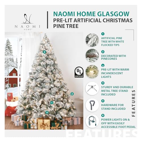 Glasgow 6.5ft Frosted Prelit Artificial Christmas Tree with Pine Cones