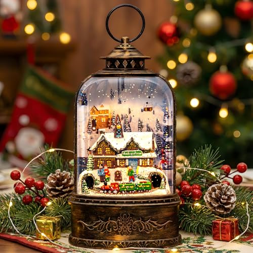 Christmas Village Snow Globe Water Lantern with Train Station Scene Battery Operated or USB Powered Musical Lighted Holiday Decoration for Tabletop Display for Family and Friends