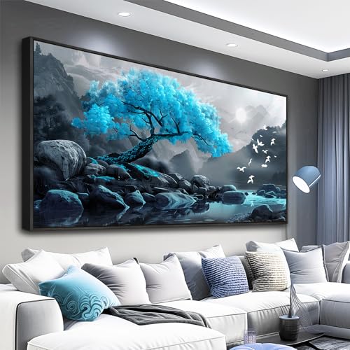 Large Black Framed Wall Decor For Living Room Canvas Wall Art For Office Modern Wall Decorations For Bedroom Blue Tree Landscape Painting Farmhouse Pictures Artwork Home Decor 24x48 In
