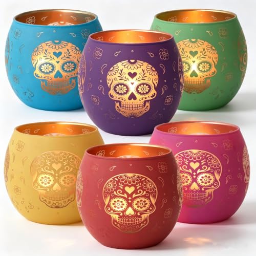 Day of Dead Skull Glass Votive Candle Holders for Indoor Halloween Decor (4 Count)