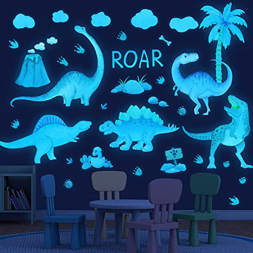 Dinosaur Wall Decals Glow in The Dark Vinyl Watercolor Dinosaur Decal Large Removable Dino Wall Stickers for Boys Bedroom Kids Girls Baby Nursery Playroom Living Room Wall Decor (4 Count)