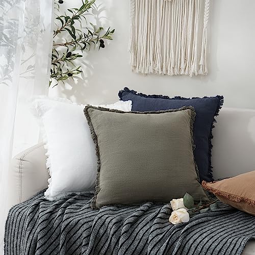 Decorative Linen Fringe Throw Pillow Covers 20×20 Inch (2 Count)