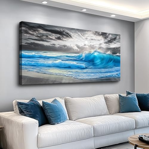 Large Canvas Beach Wall Pictures Artworks Wall Decor For Living Room Canvas Wall Art For Bedroom Office Decorations Blue Sea Wave Ocean Paintings Modern Inspiration Home Decor 30x60 In