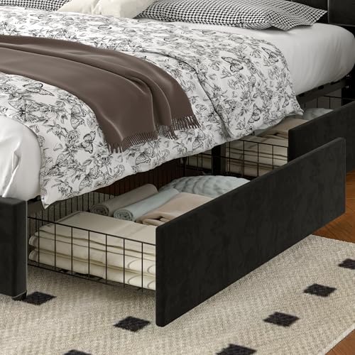 Full Size Upholstered Bed Frame with 4 Drawers and Headboard