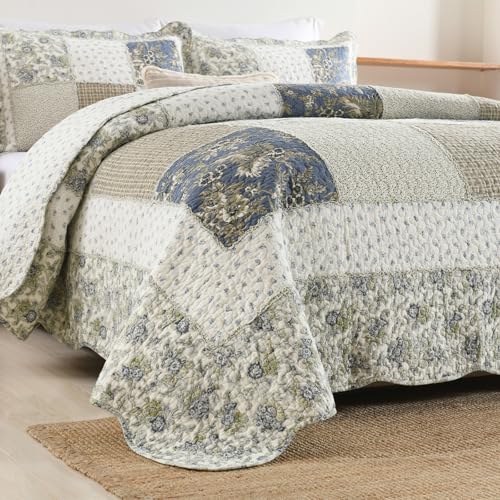 Quilt Set King Size Reversible Country Farmhouse Floral Real Patchwork Quilted Bedspread 3