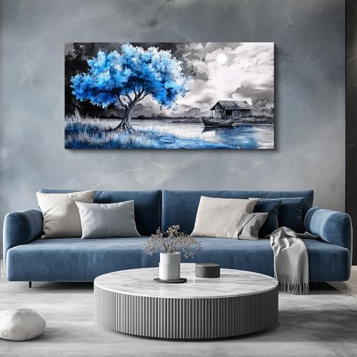 Large Wall Art For Living Room Wall Decor For Bedroom Black White Scenery And Blue Trees Wall Painting Modern Home Decoration Room Office Restaurant Canvas Art Prints Home Decor 20x40 In