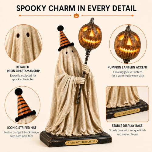 Halloween Ghost Figurine with Pumpkin Lantern Spooky Tabletop Statue Haunted House Decor for Shelf Mantel Entryway Party Desk Home Halloween Seasonal Indoor Decoration Display