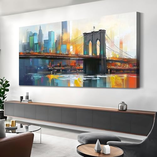 Cityscape Wall Art New York City Canvas for Living Room Painting Brooklyn Bridge Manhattan Bedroom Wall Art for Men Modern Picture Artwork Framed Home Office Wall Decor