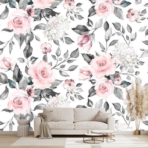 Grey Leaf Pink Flowers Mural Bedroom Floral Wallpaper Room Decor Living Room tv Background Large wall Mural