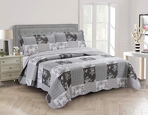 Multi Grey Toile & Floral Patchwork Quilt Set