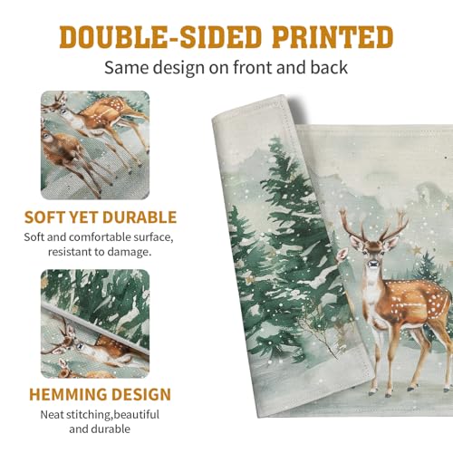 Christmas Watercolor Deer Trees Snowflakes Placemats Set of 4 Winter Rustic Nature Forest Linen Table Mat 12x18 Inch Seasonal Farmhouse Washable Place Mats for Dining Table Kitchen Xmas Decor (4 Count)