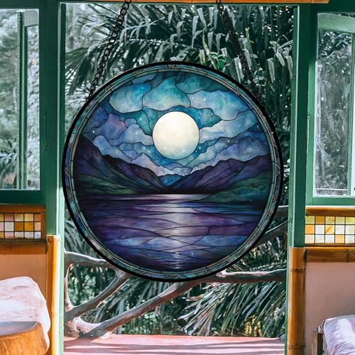 Blue Moon Lake Stained Glass Window Hanging Suncatcher Gift for Women 15"