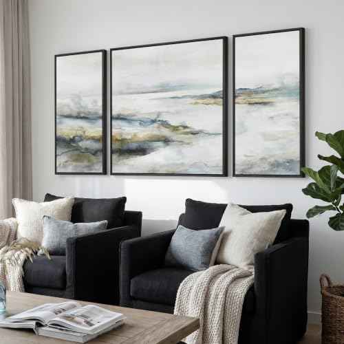Extra Large Framed Blue Gray Abstract Landscape Wall Art for Living Room (3 Count)