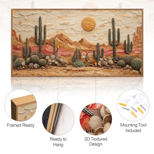 3D Textured Cactus Arizona Desert Framed Canvas Wall Art 40x20 Inch