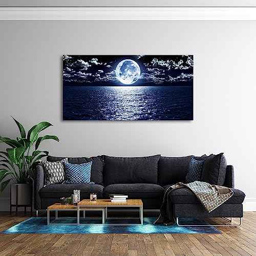 S06998 Wall Art Canvas Prints Moon Sea Ocean Landscape 1 Panels Full Moon in Cloud Pictures Paintings Stretched and Framed for Living Room Bedroom Kicthen Office Artwork