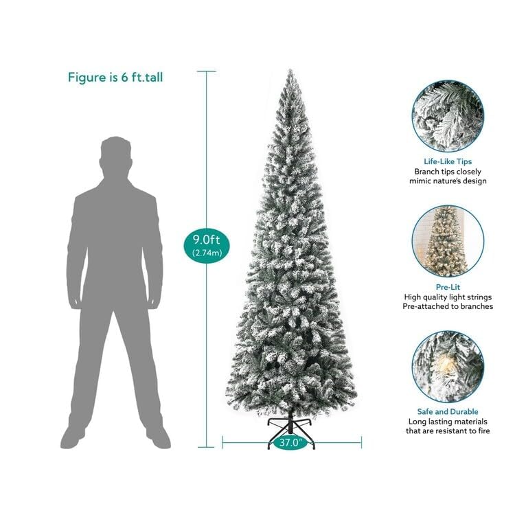 9ft Slim Snow Flocked Christmas Tree with Lights