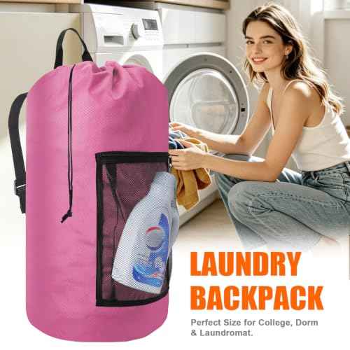 Laundry Bag Backpack Durable Laundry Bag with Shoulder Straps and Mesh Pockets Portable Laundry Hamper Dirty Clothes Bag for College