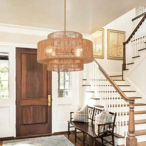 3 Tier Rattan Light Fixture Boho Chandelier for Dining Room