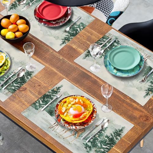 Christmas Watercolor Deer Trees Snowflakes Placemats Set of 4 Winter Rustic Nature Forest Linen Table Mat 12x18 Inch Seasonal Farmhouse Washable Place Mats for Dining Table Kitchen Xmas Decor (4 Count)
