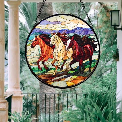 Running Horses Stained Glass Window Hanging Suncatcher Gift for Women 12"