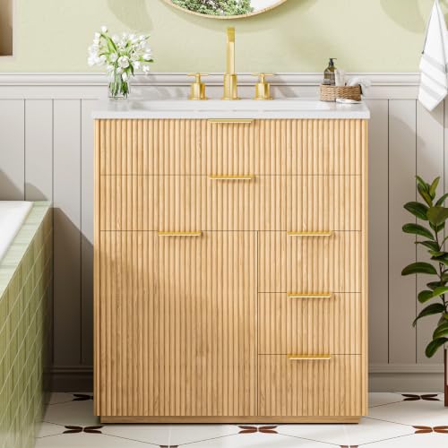 Farmhouse 30" Fluted Bathroom Vanity with Ceramic Sink and 5 Drawers