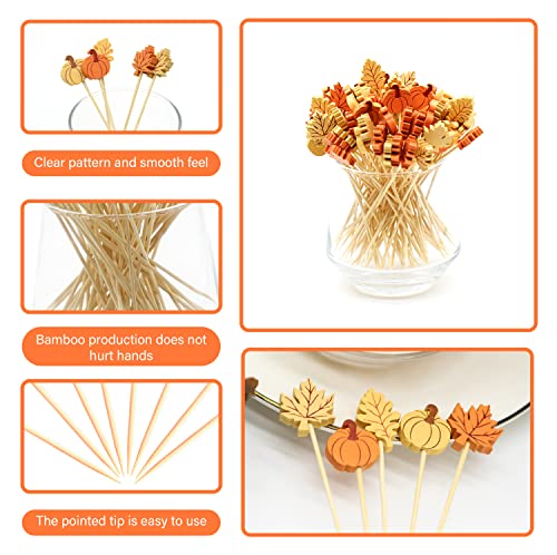 Fall Cocktail Picks Pumpkin Maple Leaf Assorted Autumn Theme Toothpicks Fruit Drinks Dessert Sticks Food Sandwich Appetizer Charcuterie Skewers (200 Count)